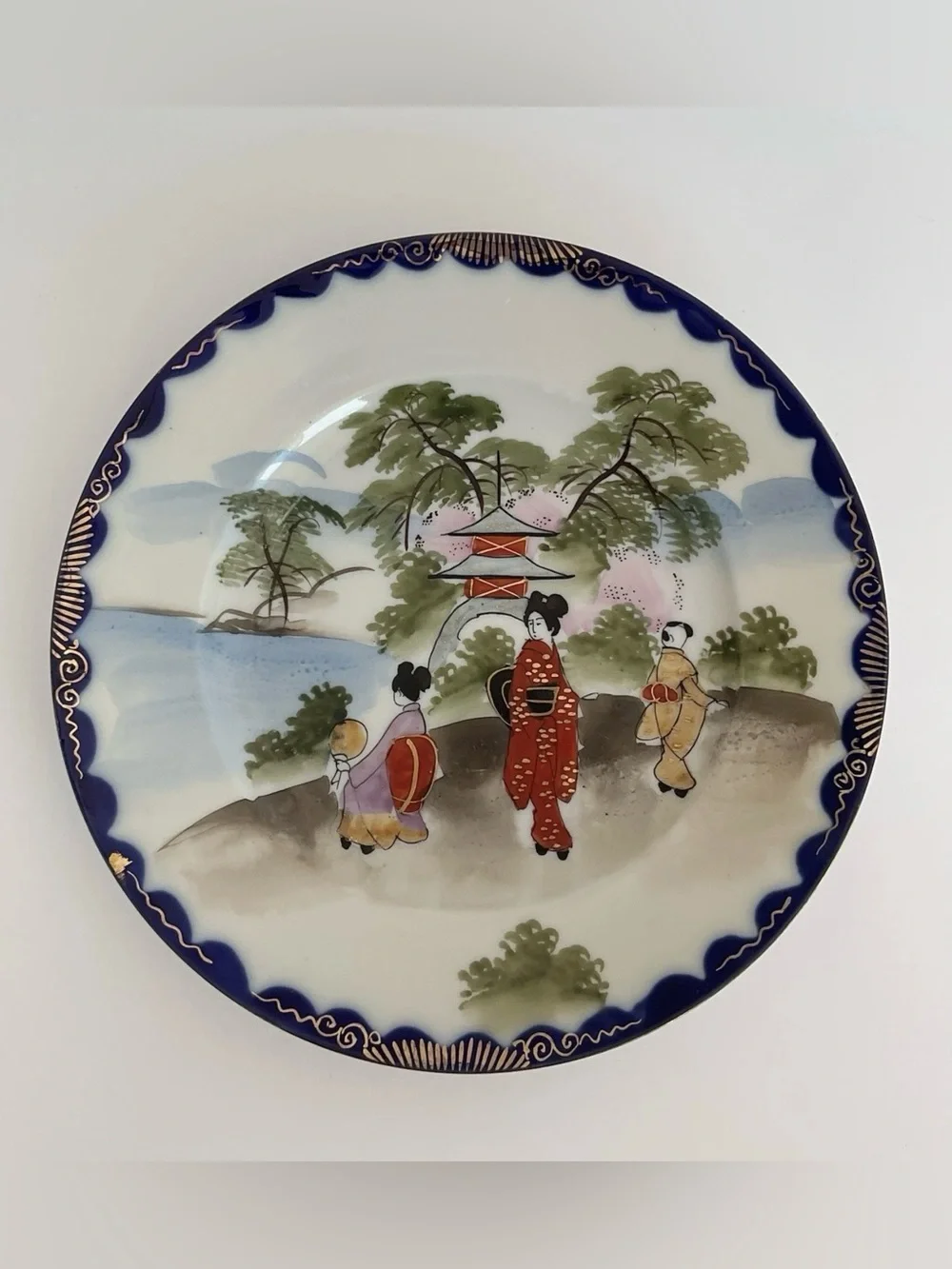 Pair Vintage Japan Hand Painted Geisha Plates Cobalt Blue Gold Gilt 8.25”